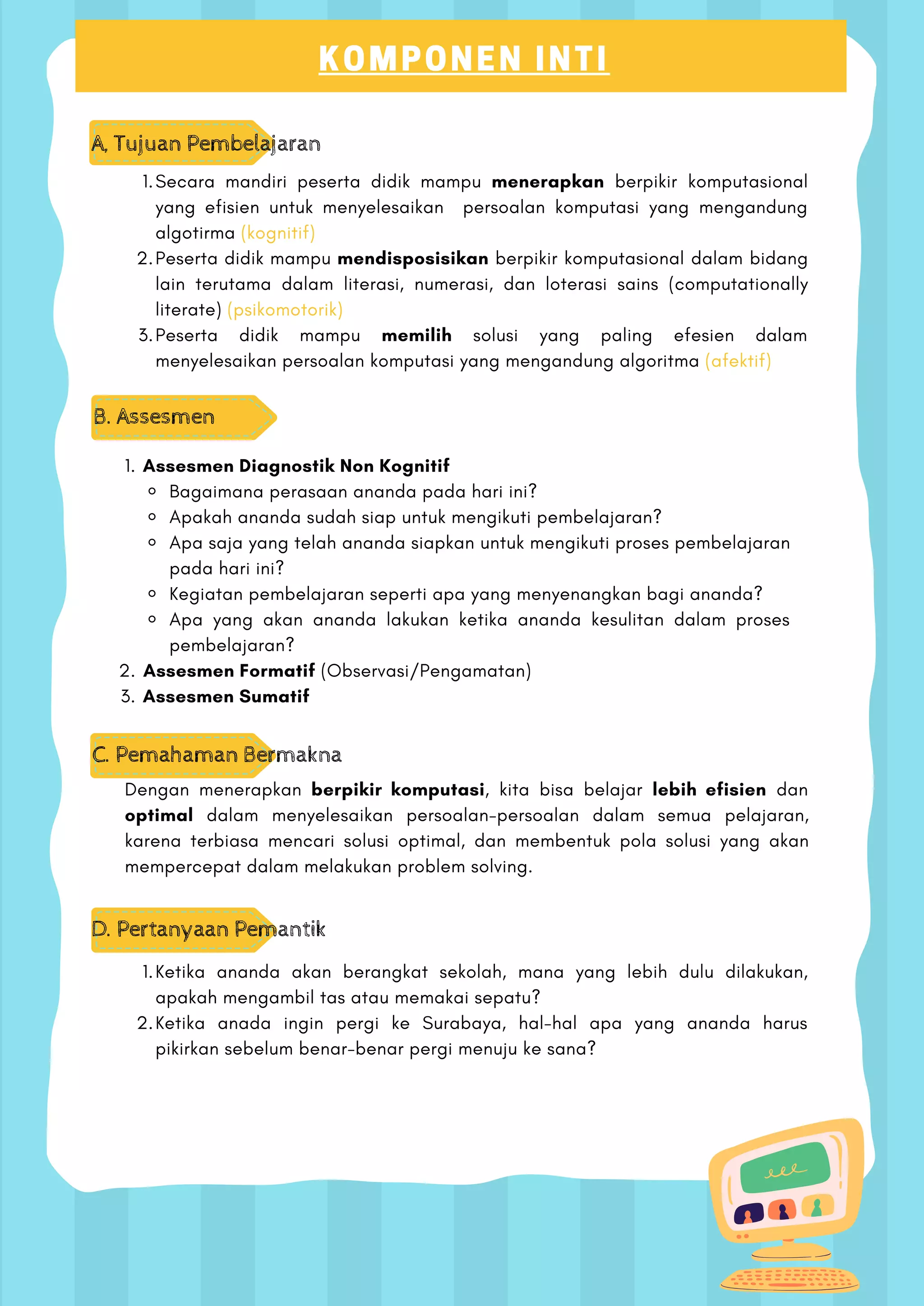 KOMPONEN INTI
A, Tujuan Pembelajaran
B. Assesmen
Assesmen Diagnostik Non Kognitif
Bagaimana perasaan ananda pada hari ini?
Apakah ananda sudah siap untuk mengikuti pembelajaran?
Apa saja yang telah ananda siapkan untuk mengikuti proses pembelajaran
pada hari ini?
Kegiatan pembelajaran seperti apa yang menyenangkan bagi ananda?
Apa yang akan ananda lakukan ketika ananda kesulitan dalam proses
pembelajaran?
Assesmen Formatif (Observasi/Pengamatan)
Assesmen Sumatif
1.
2.
3.
Secara mandiri peserta didik mampu menerapkan berpikir komputasional
yang efisien untuk menyelesaikan persoalan komputasi yang mengandung
algotirma (kognitif)
Peserta didik mampu mendisposisikan berpikir komputasional dalam bidang
lain terutama dalam literasi, numerasi, dan loterasi sains (computationally
literate) (psikomotorik)
Peserta didik mampu memilih solusi yang paling efesien dalam
menyelesaikan persoalan komputasi yang mengandung algoritma (afektif)
1.
2.
3.
D. Pertanyaan Pemantik
Ketika ananda akan berangkat sekolah, mana yang lebih dulu dilakukan,
apakah mengambil tas atau memakai sepatu?
Ketika anada ingin pergi ke Surabaya, hal-hal apa yang ananda harus
pikirkan sebelum benar-benar pergi menuju ke sana?
1.
2.
C. Pemahaman Bermakna
Dengan menerapkan berpikir komputasi, kita bisa belajar lebih efisien dan
optimal dalam menyelesaikan persoalan-persoalan dalam semua pelajaran,
karena terbiasa mencari solusi optimal, dan membentuk pola solusi yang akan
mempercepat dalam melakukan problem solving.
 