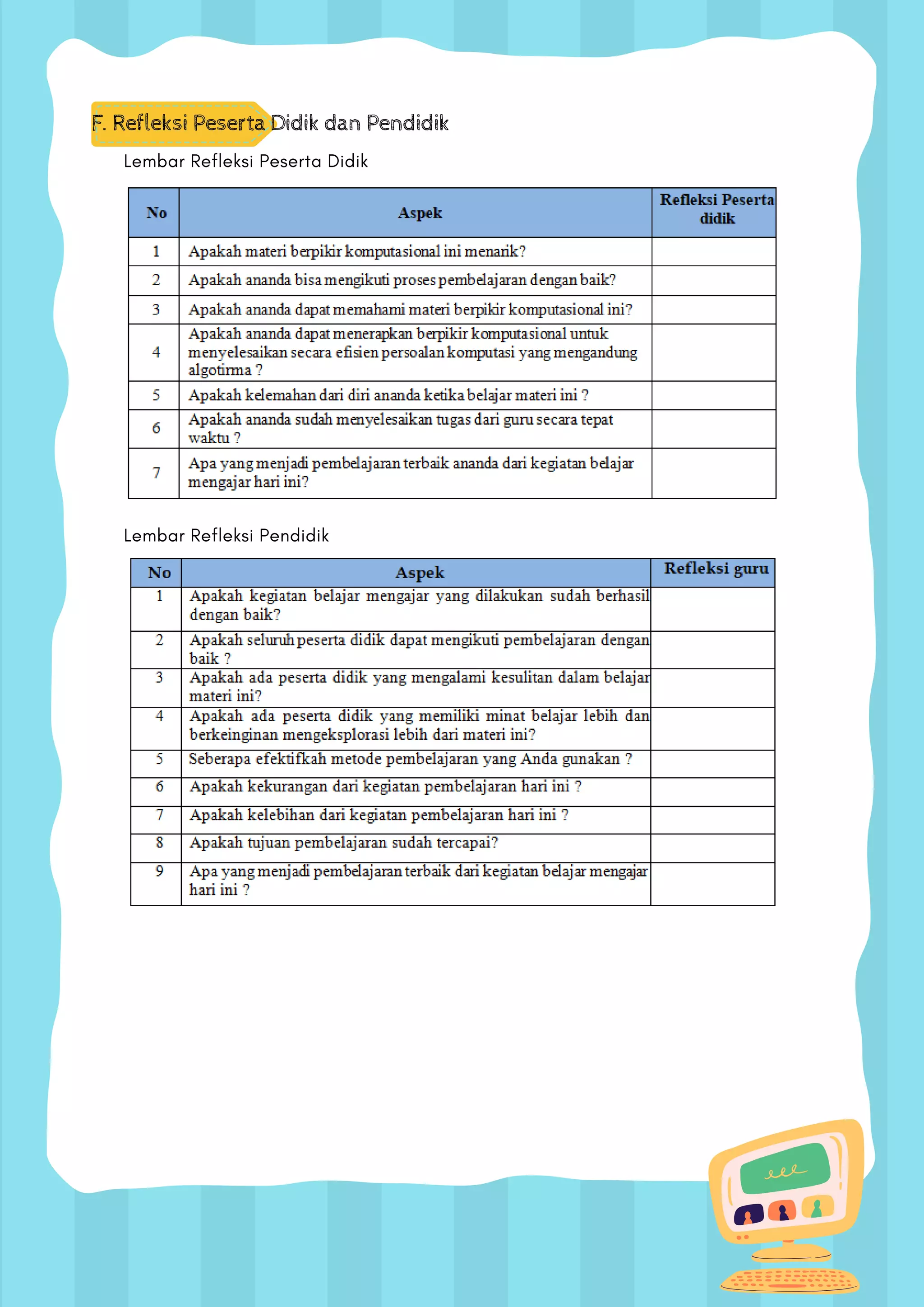 F. Refleksi Peserta Didik dan Pendidik
Lembar Refleksi Peserta Didik
Lembar Refleksi Pendidik
 