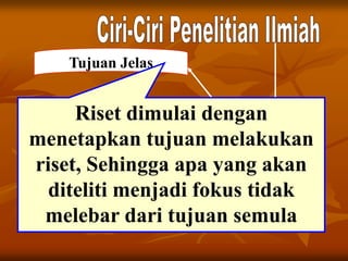 Tujuan Jelas
Riset dimulai dengan
menetapkan tujuan melakukan
riset, Sehingga apa yang akan
diteliti menjadi fokus tidak
melebar dari tujuan semula
 