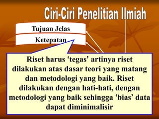 Tujuan Jelas
Ketepatan
Riset harus ‘tegas’ artinya riset
dilakukan atas dasar teori yang matang
dan metodologi yang baik. Riset
dilakukan dengan hati-hati, dengan
metodologi yang baik sehingga ‘bias’ data
dapat diminimalisir
 