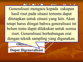 Tujuan Jelas
Ketepatan
Dapat Diuji
Dapat Ditiru
Ketelitian & Keyakinan
Obyektivitas
Dapat Digeneralisasi
Generalisasi mengacu kepada cakupan
hasil riset pada situasi tertentu dapat
ditetapkan untuk situasi yang lain. Akan
tetapi harus diingat bahwa generalisasi ini
belum tentu dapat dilakukan untuk semua
riset. Generalisasi berhubungan erat
dengan teknik sampling yang digunakan.
 