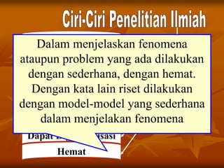 Tujuan Jelas
Ketepatan
Dapat Diuji
Dapat Ditiru
Ketelitian & Keyakinan
Obyektivitas
Dapat Digeneralisasi
Hemat
Dalam menjelaskan fenomena
ataupun problem yang ada dilakukan
dengan sederhana, dengan hemat.
Dengan kata lain riset dilakukan
dengan model-model yang sederhana
dalam menjelakan fenomena
 