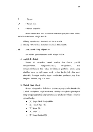 32
𝛿 = Varians
∑X = Jumlah skor
n = Jumlah responden
Dalam menentukan hasil reliabilitas instrument penelitian dapat dilihat
berdasarkan ketentuan sebagai berikut:
1. r hiutng > r table maka instrument dikatakan reliable
2. r hitung < r table maka instrument dikatakan tidak reliable.
3.5 Alat Analisis Yang Digunakan
Alat analisis yang digunakan adalah sebagai berikut:
a) Analisis Deskriptif
Metode ini merupakan metode analisis data dimana peneliti
mengumpulkan, mengklasifikasikan, menganalisis, dan
menginterpretasikan data untuk memberikan gambaran umum yang
disajikan dapat menjadi acuan untuk melihat karakteristik data yang
diperoleh. Sehingga nantinya dapat memberikan gambaran yang jelas
mengenai masalah yang akan diteliti.
b) Metode Skala Likert
Dengan menggunakan skala likert, yaitu skala yang memberikan skor 1-
5 untuk mengetahui derjat responden terhadap serangkaian pertanyaan
yang terdapat dalam kuesioner dimana skala tersebut mempunyai susunan
sebagai berikut:
 ( 1 ) Sangat Tidak Setuju (STS)
 ( 2 ) Tidak Setuju (TS)
 ( 3 ) Netral (N)
 ( 4 ) Setuju (S)
 ( 5 ) Sangat Setuju (SS)
 