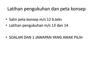 Latihan pengukuhan dan peta konsep
• Salin peta konsep m/s 12 b.teks
• Latihan pengukuhan m/s 13 dan 14
• SOALAN DAN 1 JAWAPAN YANG AWAK PILIH
 
