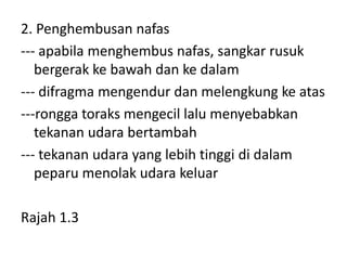 2. Penghembusan nafas
--- apabila menghembus nafas, sangkar rusuk
bergerak ke bawah dan ke dalam
--- difragma mengendur dan melengkung ke atas
---rongga toraks mengecil lalu menyebabkan
tekanan udara bertambah
--- tekanan udara yang lebih tinggi di dalam
peparu menolak udara keluar
Rajah 1.3
 