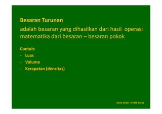 Besaran Turunan
adalah besaran yang dihasilkan dari hasil operasi
matematika dari besaran – besaran pokok
Contoh:
- Luas
- Volume
- Kerapatan (densitas)




                                      Anne Sirait – STKIP Surya
 