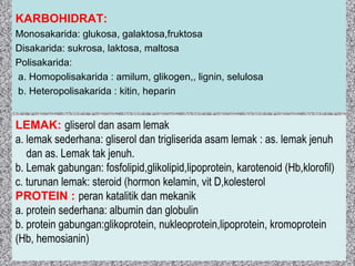 KARBOHIDRAT: 
Monosakarida: glukosa, galaktosa,fruktosa 
Disakarida: sukrosa, laktosa, maltosa 
Polisakarida: 
a. Homopolisakarida : amilum, glikogen,, lignin, selulosa 
b. Heteropolisakarida : kitin, heparin 
LEMAK: gliserol dan asam lemak 
a. lemak sederhana: gliserol dan trigliserida asam lemak : as. lemak jenuh 
dan as. Lemak tak jenuh. 
b. Lemak gabungan: fosfolipid,glikolipid,lipoprotein, karotenoid (Hb,klorofil) 
c. turunan lemak: steroid (hormon kelamin, vit D,kolesterol 
PROTEIN : peran katalitik dan mekanik 
a. protein sederhana: albumin dan globulin 
b. protein gabungan:glikoprotein, nukleoprotein,lipoprotein, kromoprotein 
(Hb, hemosianin) 
 