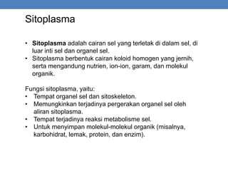 Sitoplasma
• Sitoplasma adalah cairan sel yang terletak di dalam sel, di
luar inti sel dan organel sel.
• Sitoplasma berbentuk cairan koloid homogen yang jernih,
serta mengandung nutrien, ion-ion, garam, dan molekul
organik.
Fungsi sitoplasma, yaitu:
• Tempat organel sel dan sitoskeleton.
• Memungkinkan terjadinya pergerakan organel sel oleh
aliran sitoplasma.
• Tempat terjadinya reaksi metabolisme sel.
• Untuk menyimpan molekul-molekul organik (misalnya,
karbohidrat, lemak, protein, dan enzim).
 