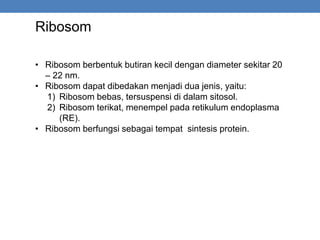 Ribosom
• Ribosom berbentuk butiran kecil dengan diameter sekitar 20
– 22 nm.
• Ribosom dapat dibedakan menjadi dua jenis, yaitu:
1) Ribosom bebas, tersuspensi di dalam sitosol.
2) Ribosom terikat, menempel pada retikulum endoplasma
(RE).
• Ribosom berfungsi sebagai tempat sintesis protein.
 