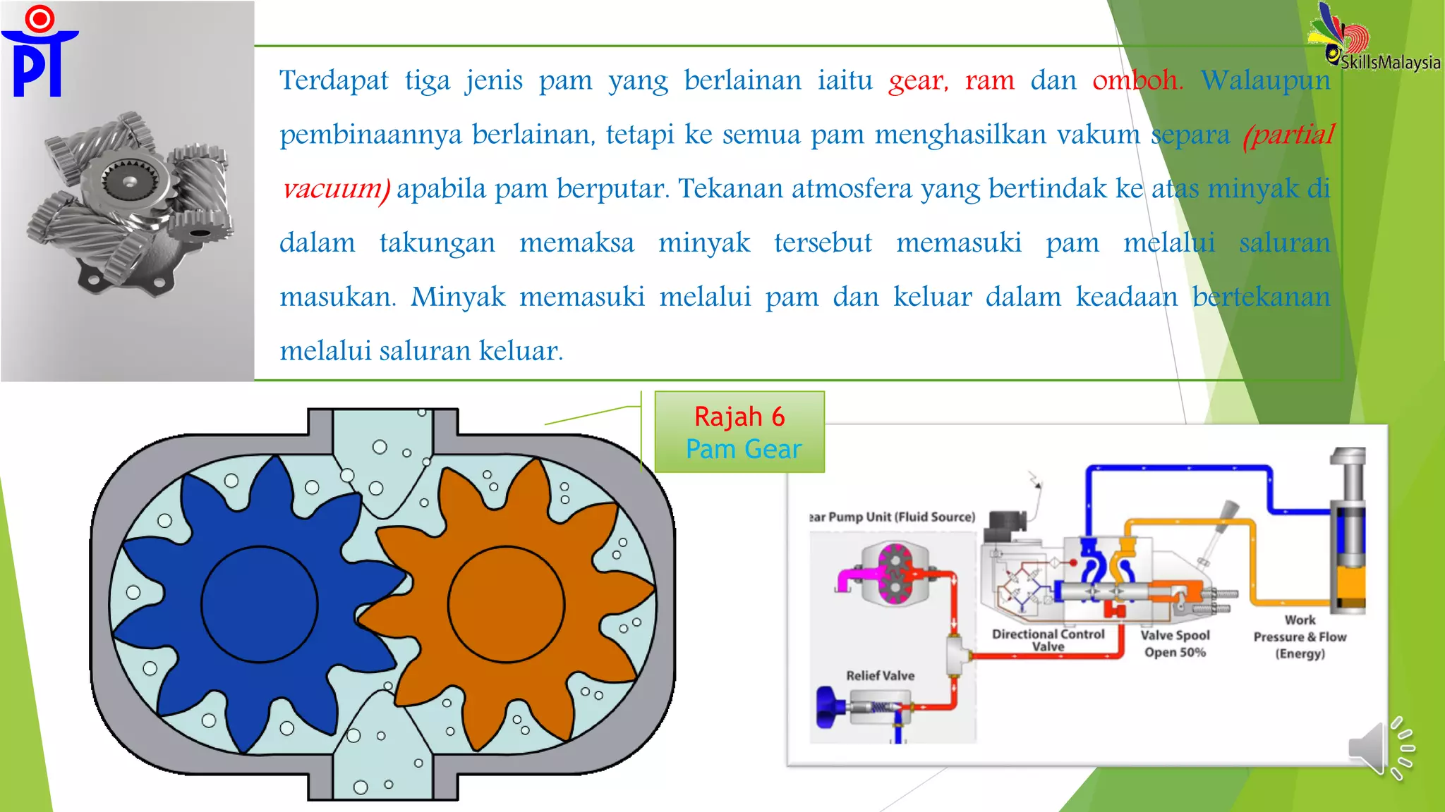 Terdapat tiga jenis pam yang berlainan iaitu gear, ram dan omboh. Walaupun
pembinaannya berlainan, tetapi ke semua pam menghasilkan vakum separa (partial
vacuum) apabila pam berputar. Tekanan atmosfera yang bertindak ke atas minyak di
dalam takungan memaksa minyak tersebut memasuki pam melalui saluran
masukan. Minyak memasuki melalui pam dan keluar dalam keadaan bertekanan
melalui saluran keluar.
Rajah 6
Pam Gear
 