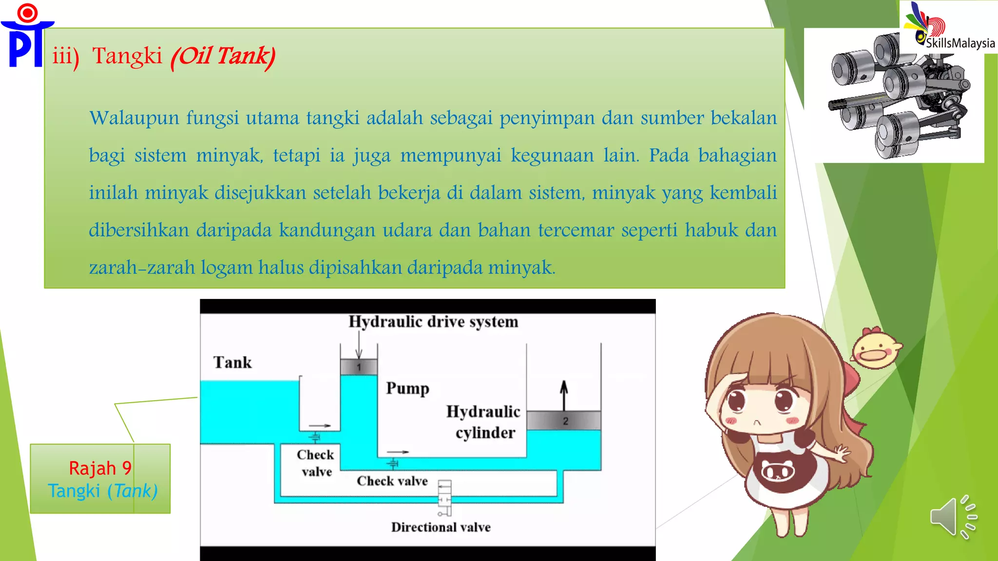 iii) Tangki (Oil Tank)
Walaupun fungsi utama tangki adalah sebagai penyimpan dan sumber bekalan
bagi sistem minyak, tetapi ia juga mempunyai kegunaan lain. Pada bahagian
inilah minyak disejukkan setelah bekerja di dalam sistem, minyak yang kembali
dibersihkan daripada kandungan udara dan bahan tercemar seperti habuk dan
zarah-zarah logam halus dipisahkan daripada minyak.
Rajah 9
Tangki (Tank)
 