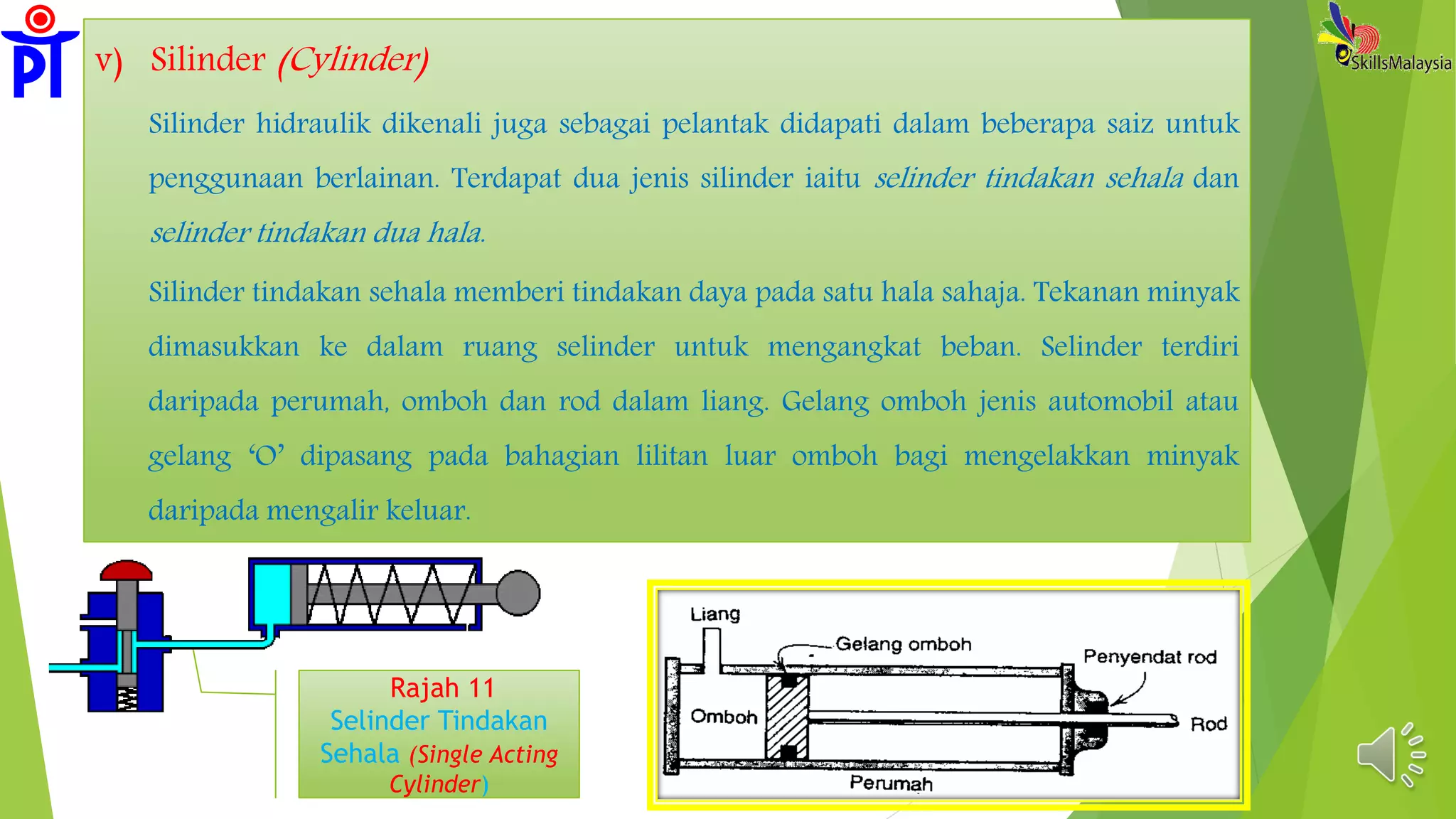 v) Silinder (Cylinder)
Silinder hidraulik dikenali juga sebagai pelantak didapati dalam beberapa saiz untuk
penggunaan berlainan. Terdapat dua jenis silinder iaitu selinder tindakan sehala dan
selinder tindakan dua hala.
Silinder tindakan sehala memberi tindakan daya pada satu hala sahaja. Tekanan minyak
dimasukkan ke dalam ruang selinder untuk mengangkat beban. Selinder terdiri
daripada perumah, omboh dan rod dalam liang. Gelang omboh jenis automobil atau
gelang ‘O’ dipasang pada bahagian lilitan luar omboh bagi mengelakkan minyak
daripada mengalir keluar.
Rajah 11
Selinder Tindakan
Sehala (Single Acting
Cylinder)
 