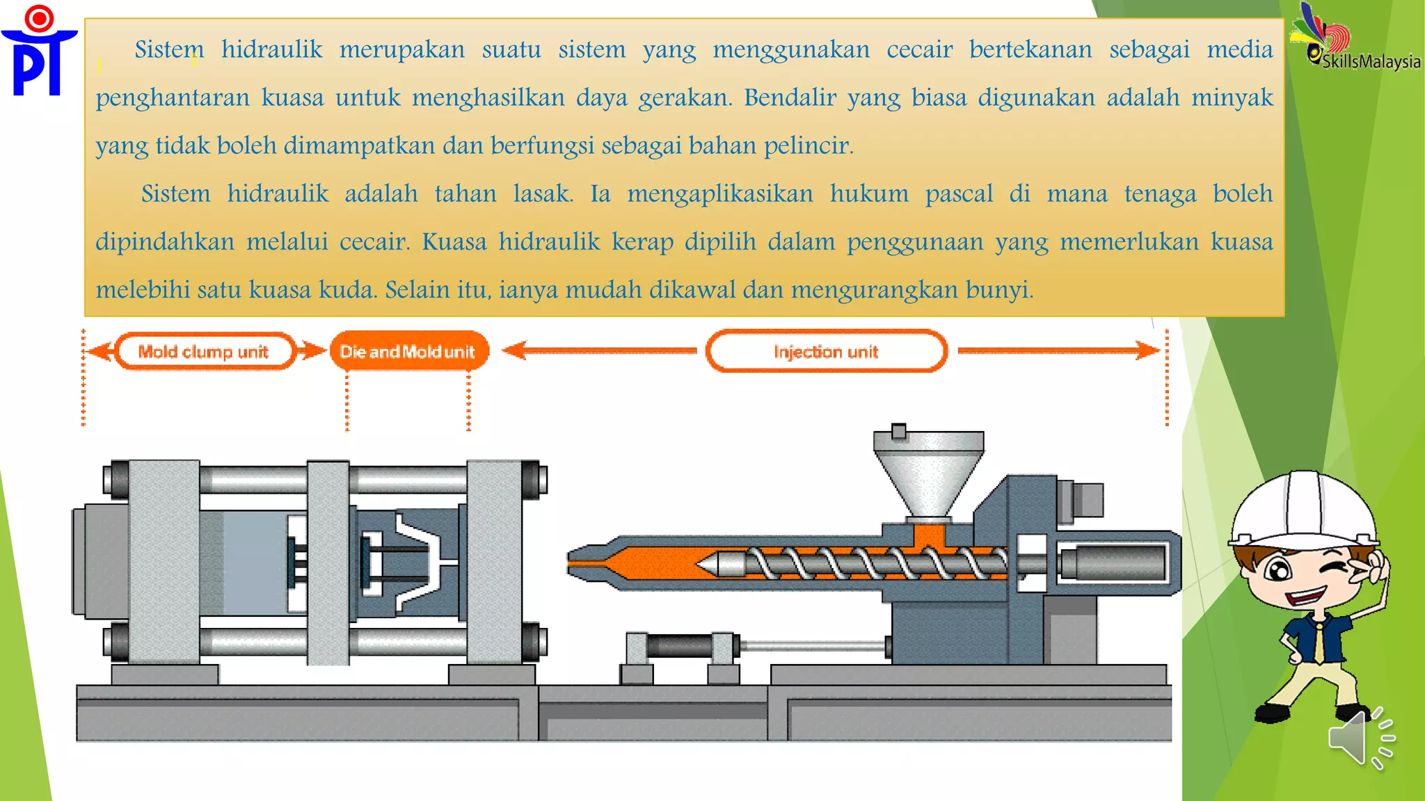 Sistem hidraulik merupakan suatu sistem yang menggunakan cecair bertekanan sebagai media
penghantaran kuasa untuk menghasilkan daya gerakan. Bendalir yang biasa digunakan adalah minyak
yang tidak boleh dimampatkan dan berfungsi sebagai bahan pelincir.
Sistem hidraulik adalah tahan lasak. Ia mengaplikasikan hukum pascal di mana tenaga boleh
dipindahkan melalui cecair. Kuasa hidraulik kerap dipilih dalam penggunaan yang memerlukan kuasa
melebihi satu kuasa kuda. Selain itu, ianya mudah dikawal dan mengurangkan bunyi.
 