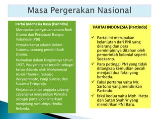 Partai Indonesia Raya (Parindra)
 Merupakan penyatuan antara Budi
Utomo dan Persatuan Bangsa
Indonesia (PBI)
 Pemakarsanya adalah Dokter
Sutomo, seorang pendiri Budi
Utomo.
 Kemudian dalam kongresnya tahun
1937, Wuryaningrat terpilih sebagai
ketua dibantu oleh Mohammad
Husni Thamrin, Sukarjo
Wiryapranoto, Panji Suroso, dan
Susanto Tirtoprojo.
 Kerjasama antar anggota cabang-
cabangnya menjadikan Parindra
sebagai partai politik terkuat
menjelang runtuhnya Hindia
Belanda.
PARTAI INDONESIA (Partindo)
 Partai ini merupakan
kelanjutan dari PNI yang
dilarang dan para
pemimpinnya ditahan oleh
pemerintah kolonial seperti
Soekarno.
 Para petinggi PNI yang tidak
ditangkap kemudian pecah
menjadi dua faksi yang
berbeda.
 Faksi pertama yaitu Mr.
Sartono yang mendirikan
Partindo
 faksi kedua yaitu Moh. Hatta
dan Sutan Syahrir yang
mendirikan PNI Baru.
 