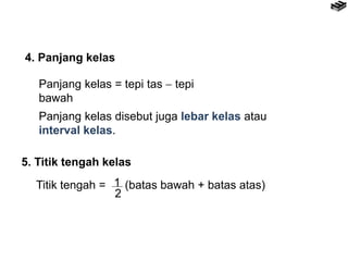 4. Panjang kelas
Panjang kelas = tepi tas  tepi
bawah
Panjang kelas disebut juga lebar kelas atau
interval kelas.
5. Titik tengah kelas
Titik tengah = (batas bawah + batas atas)1
2
 