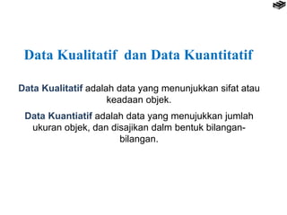 Data Kualitatif dan Data Kuantitatif
Data Kualitatif adalah data yang menunjukkan sifat atau
keadaan objek.
Data Kuantiatif adalah data yang menujukkan jumlah
ukuran objek, dan disajikan dalm bentuk bilangan-
bilangan.
 