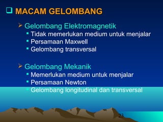 23
 MACAM GELOMBANGMACAM GELOMBANG
 Gelombang Mekanik
 Memerlukan medium untuk menjalar
 Persamaan Newton
 Gelombang longitudinal dan transversal
 Gelombang Elektromagnetik
 Tidak memerlukan medium untuk menjalar
 Persamaan Maxwell
 Gelombang transversal
 