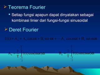 8
 Setiap fungsi apapun dapat dinyatakan sebagai
kombinasi linier dari fungsi-fungsi sinusoidal
 Teorema Fourier
tnsinBtncosAtsinBtcosAA)t(f nn11o ω+ω+ω+ω+= 
 Deret Fourier
∫
−
ω=
2
T
2
T
n dt)tn(cos)t(f
T
1
A ∫
−
ω=
2
T
2
T
n dt)tn(sin)t(f
T
1
B
 