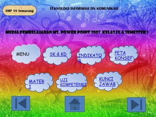 SMP 18 Semarang

TEKNOLOGI INFORMASI DN KOMUNIKASI

MEDIA PEMBELAJARAN Ms. POWER POINT 2007 KELAS IX A SEMESTER 1

MENU

MATER
I

SK & KD

INDIKATO
R

UJI
KOMPETENSI

PETA
KONSEP

KUNCI
JAWAB

 