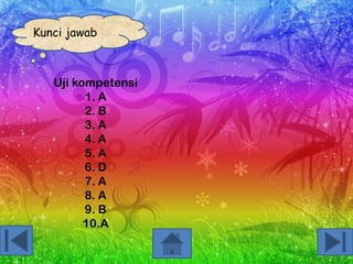 Kunci jawab

Uji kompetensi
1. A
2. B
3. A
4. A
5. A
6. D
7. A
8. A
9. B
10.A

 