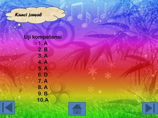 Kunci jawab

Uji kompetensi
1. A
2. B
3. A
4. A
5. A
6. D
7. A
8. A
9. B
10.A

 