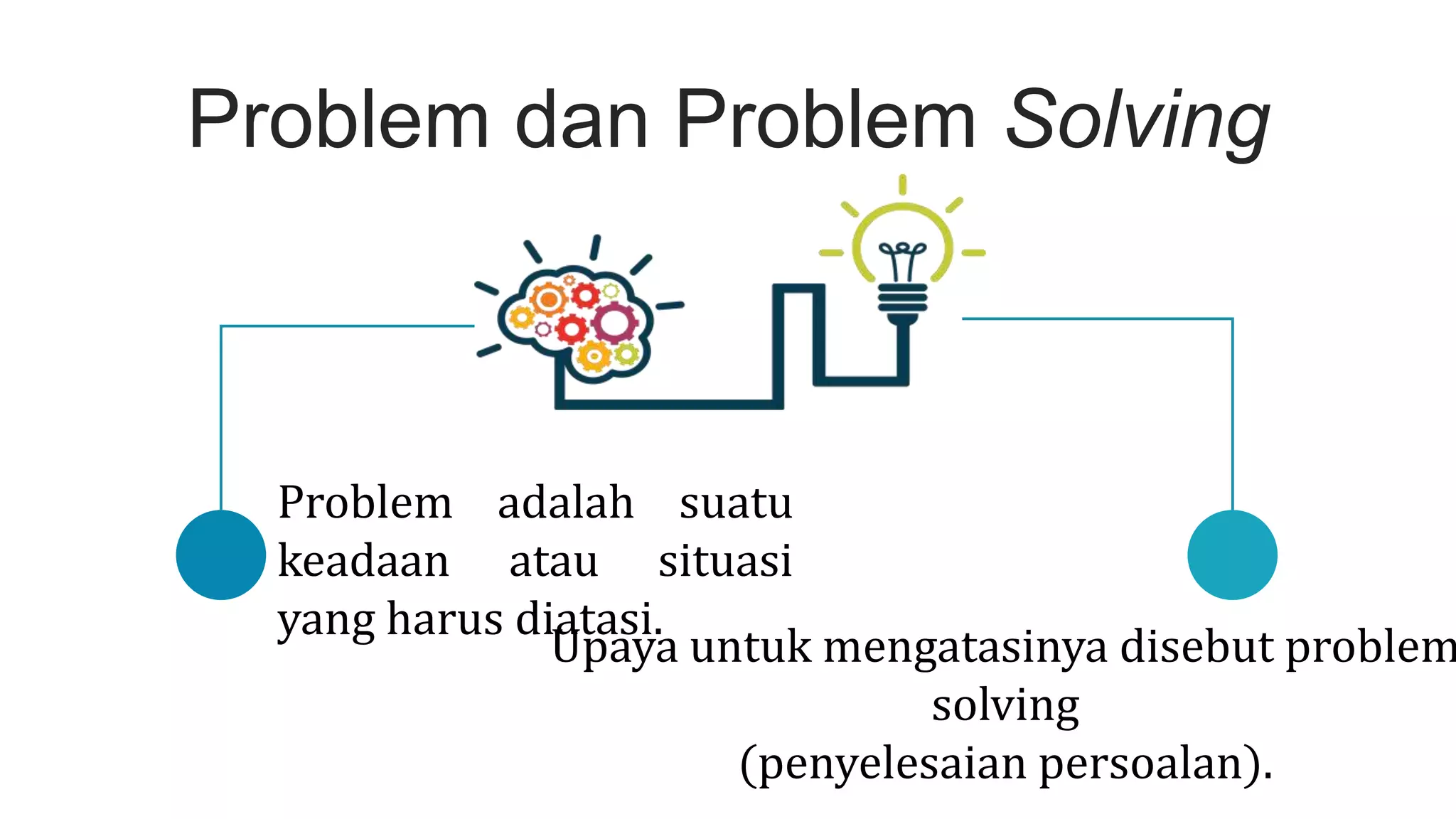 Problem dan Problem Solving
Upaya untuk mengatasinya disebut problem
solving
(penyelesaian persoalan).
Problem adalah suatu
keadaan atau situasi
yang harus diatasi.
 
