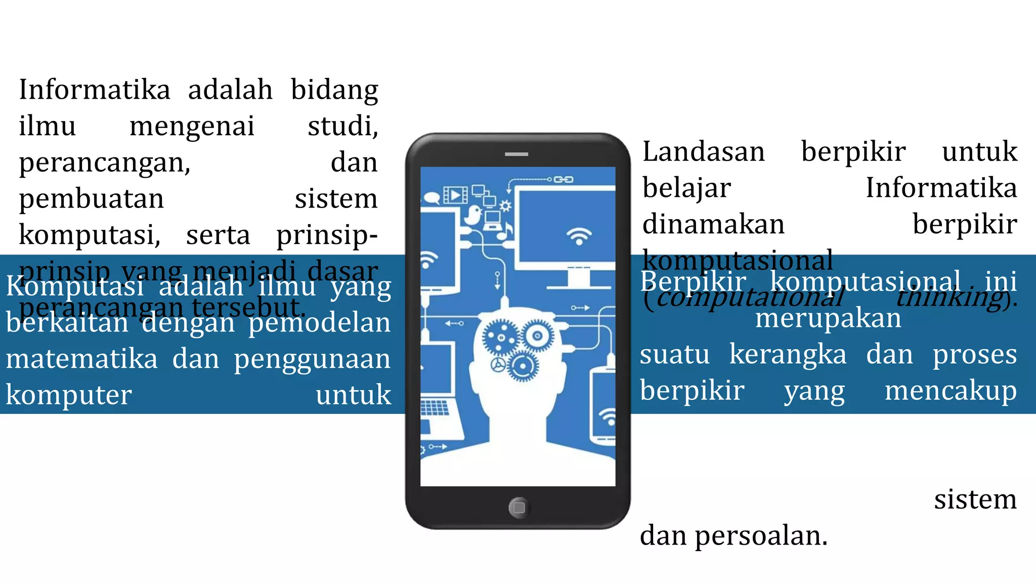 Informatika adalah bidang
ilmu mengenai studi,
perancangan, dan
pembuatan sistem
komputasi, serta prinsip-
prinsip yang menjadi dasar
perancangan tersebut.
Landasan berpikir untuk
belajar Informatika
dinamakan berpikir
komputasional
(computational thinking).
Berpikir komputasional ini
merupakan
suatu kerangka dan proses
berpikir yang mencakup
perangkat keras, perangkat
lunak, dan menalar
(reasoning) mengenai sistem
dan persoalan.
Komputasi adalah ilmu yang
berkaitan dengan pemodelan
matematika dan penggunaan
komputer untuk
menyelesaikan masalah-
masalah sains.
 