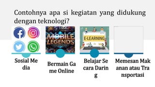 Sosial Me
dia
Belajar Se
cara Darin
g
Memesan Mak
anan atau Tra
nsportasi
Contohnya apa si kegiatan yang didukung
dengan teknologi?
Bermain Ga
me Online
 