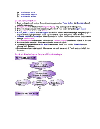 (a) Pentadbiran pusat
   (b) Pentadbiran wilayah
   (c) Pentadbiran daerah

Dasar pemerintahan
1. Pada peringkat awal, tentera Jepun telah menggabungkan Tanah Melayu dan Sumatera bawah
    satu kerajaan pusat.
2. Kerajaan pusat ini diketuai oleh Pengarah Agung yang beribu pejabat di Singapura.
3. Di bawah kerajaan pusat ini terdapat wilayah-wilayah yang terdiri daripada negeri-negeri.
4. Setiap wilayah ini diketuai oleh Gabenor.
5. Kedah, Perlis, Kelantan dan Terengganu diserahkan kepada Thailand sebagai menghargai jasa
    negara tersebut yang memberi laluan kepada tentera Jepun menyerang Tanah Melayu.
6. Sarawak, Sabah dan Brunei pula telah digabungkan kepada satu unit pentadbiran yang dikenali
    sebagai Borneo Utara.
7. Ketua pentadbiran Borneo Utara ialah seorang Gabenor Jeneral yang beribu pejabat di Kuching.
8. Pusat pentadbiran tentera Jepun kemudian berpindah di Sabah.
9. Sarawak dibahagikan kepada tiga wilayah sementara Sabah pula kepada dua wilayah yang
    diketuai oleh Gabenor.
10. Pentadbiran di peringkat rendah tidak banyak berubah sama ada di Tanah Melayu, Sabah dan
    Sarawak.

Struktur Pentadbiran Jepun di Tanah Melayu
 