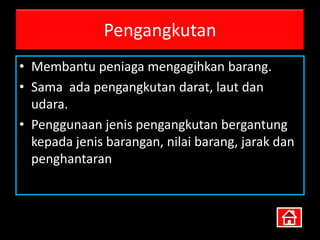 Pengangkutan
• Membantu peniaga mengagihkan barang.
• Sama ada pengangkutan darat, laut dan
  udara.
• Penggunaan jenis pengangkutan bergantung
  kepada jenis barangan, nilai barang, jarak dan
  penghantaran
 