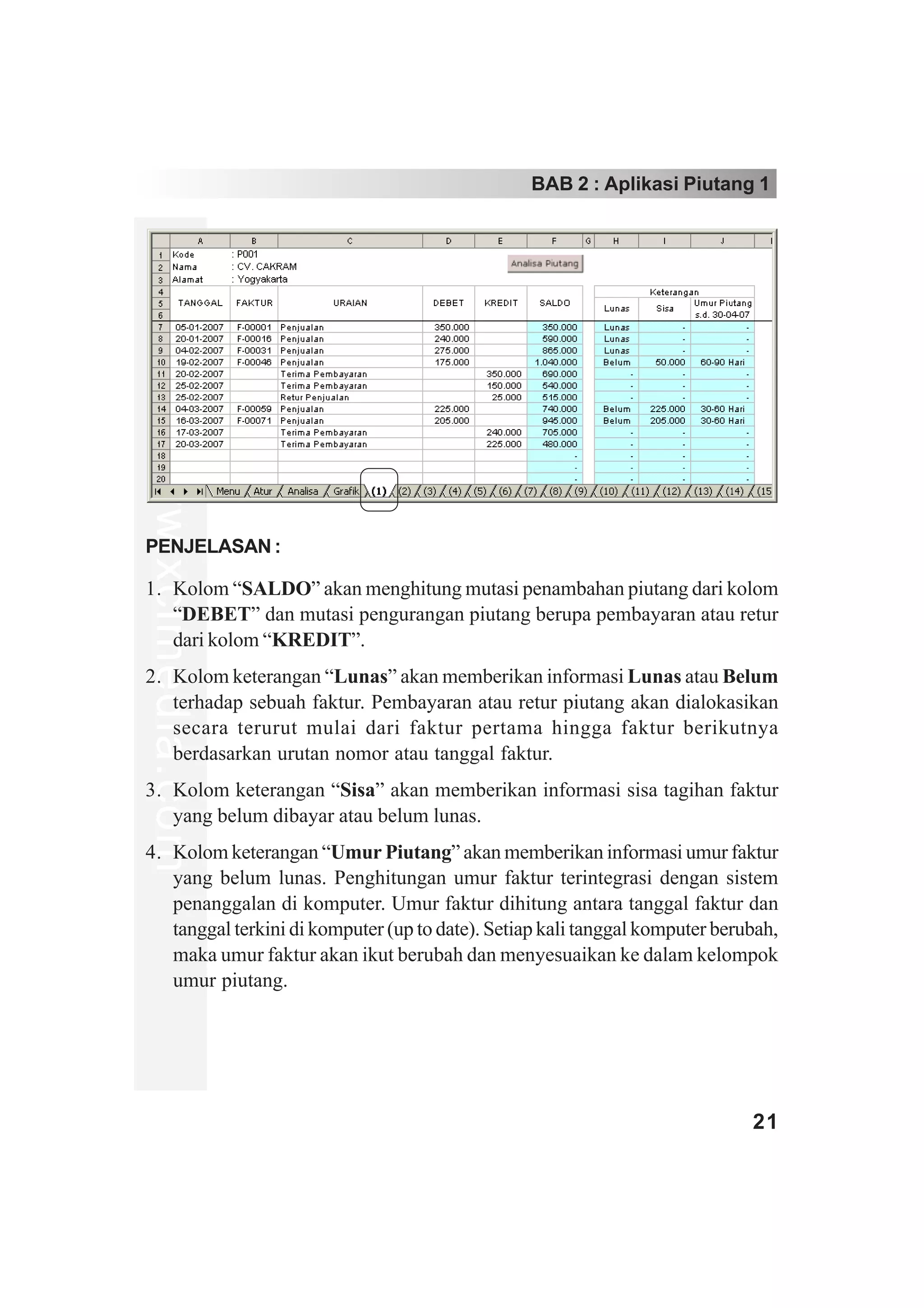 BAB 2 : Aplikasi Piutang 1
www.xclmedia.com




PENJELASAN :

1. Kolom “SALDO” akan menghitung mutasi penambahan piutang dari kolom
   “DEBET” dan mutasi pengurangan piutang berupa pembayaran atau retur
   dari kolom “KREDIT”.
2. Kolom keterangan “Lunas” akan memberikan informasi Lunas atau Belum
   terhadap sebuah faktur. Pembayaran atau retur piutang akan dialokasikan
   secara terurut mulai dari faktur pertama hingga faktur berikutnya
   berdasarkan urutan nomor atau tanggal faktur.
3. Kolom keterangan “Sisa” akan memberikan informasi sisa tagihan faktur
   yang belum dibayar atau belum lunas.
4. Kolom keterangan “Umur Piutang” akan memberikan informasi umur faktur
   yang belum lunas. Penghitungan umur faktur terintegrasi dengan sistem
   penanggalan di komputer. Umur faktur dihitung antara tanggal faktur dan
   tanggal terkini di komputer (up to date). Setiap kali tanggal komputer berubah,
   maka umur faktur akan ikut berubah dan menyesuaikan ke dalam kelompok
   umur piutang.




                                                                              21
 
