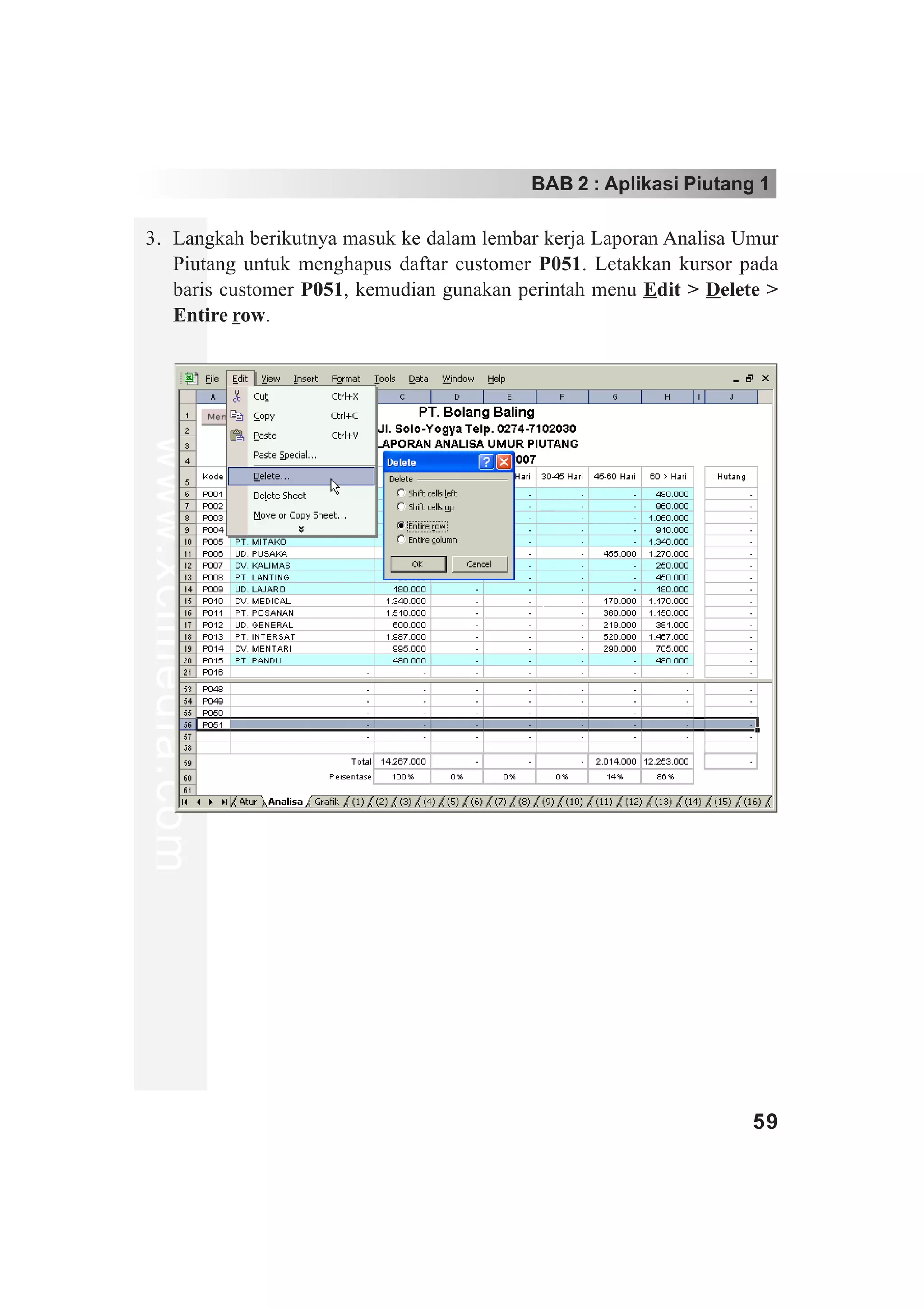 BAB 2 : Aplikasi Piutang 1

3. Langkah berikutnya masuk ke dalam lembar kerja Laporan Analisa Umur
   Piutang untuk menghapus daftar customer P051. Letakkan kursor pada
   baris customer P051, kemudian gunakan perintah menu Edit > Delete >
   Entire row.
www.xclmedia.com




                                                                   59
 