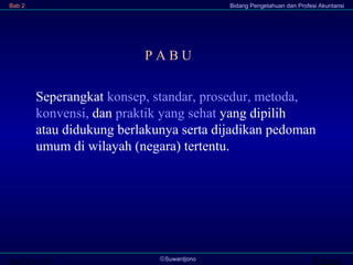 Transi©Suwardjono
Bab 2 Bidang Pengetahuan dan Profesi Akuntansi
P A B U
Seperangkat konsep, standar, prosedur, metoda,
konvensi, dan praktik yang sehat yang dipilih
atau didukung berlakunya serta dijadikan pedoman
umum di wilayah (negara) tertentu.
 