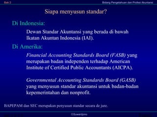 Transi©Suwardjono
Bab 2 Bidang Pengetahuan dan Profesi Akuntansi
Di Indonesia:
Dewan Standar Akuntansi yang berada di bawah
Ikatan Akuntan Indonesia (IAI).
Di Amerika:
Financial Accounting Standards Board (FASB) yang
merupakan badan independen terhadap American
Institute of Certified Public Accountants (AICPA).
Governmental Accounting Standards Board (GASB)
yang menyusun standar akuntansi untuk badan-badan
kepemerintahan dan nonprofit.
Siapa menyusun standar?
BAPEPAM dan SEC merupakan penyusun standar secara de jure.
 