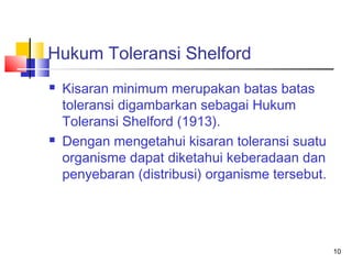 Hukum Toleransi Shelford




Kisaran minimum merupakan batas batas
toleransi digambarkan sebagai Hukum
Toleransi Shelford (1913).
Dengan mengetahui kisaran toleransi suatu
organisme dapat diketahui keberadaan dan
penyebaran (distribusi) organisme tersebut.

10

 