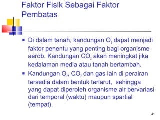 Faktor Fisik Sebagai Faktor
Pembatas




Di dalam tanah, kandungan O2 dapat menjadi
faktor penentu yang penting bagi organisme
aerob. Kandungan CO2 akan meningkat jika
kedalaman media atau tanah bertambah.
Kandungan O2, CO2 dan gas lain di perairan
tersedia dalam bentuk terlarut, sehingga
yang dapat diperoleh organisme air bervariasi
dari temporal (waktu) maupun spartial
(tempat).
41

 