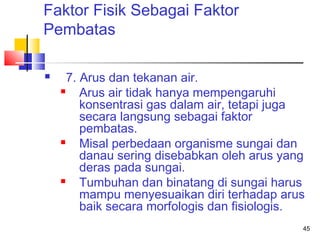 Faktor Fisik Sebagai Faktor
Pembatas


7. Arus dan tekanan air.

Arus air tidak hanya mempengaruhi
konsentrasi gas dalam air, tetapi juga
secara langsung sebagai faktor
pembatas.

Misal perbedaan organisme sungai dan
danau sering disebabkan oleh arus yang
deras pada sungai.

Tumbuhan dan binatang di sungai harus
mampu menyesuaikan diri terhadap arus
baik secara morfologis dan fisiologis.
45

 