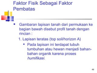 Faktor Fisik Sebagai Faktor
Pembatas


Gambaran lapisan tanah dari permukaan ke
bagian bawah disebut profil tanah dengan
rincian :
1. Lapisan teratas (top soil/horizon A)
 Pada lapisan ini terdapat tubuh
tumbuhan atau hewan menjadi bahanbahan organik karena proses
humifikasi.
49

 