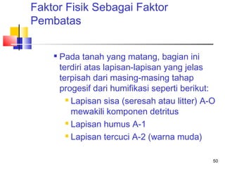 Faktor Fisik Sebagai Faktor
Pembatas


Pada tanah yang matang, bagian ini
terdiri atas lapisan-lapisan yang jelas
terpisah dari masing-masing tahap
progesif dari humifikasi seperti berikut:
 Lapisan sisa (seresah atau litter) A-O
mewakili komponen detritus
 Lapisan humus A-1
 Lapisan tercuci A-2 (warna muda)
50

 