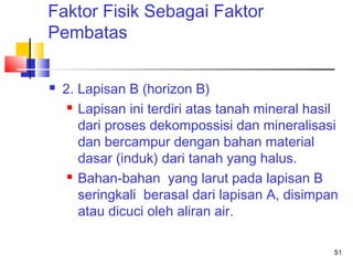 Faktor Fisik Sebagai Faktor
Pembatas


2. Lapisan B (horizon B)
 Lapisan ini terdiri atas tanah mineral hasil
dari proses dekompossisi dan mineralisasi
dan bercampur dengan bahan material
dasar (induk) dari tanah yang halus.
 Bahan-bahan yang larut pada lapisan B
seringkali berasal dari lapisan A, disimpan
atau dicuci oleh aliran air.
51

 