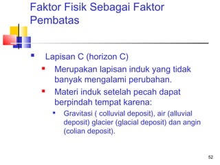 Faktor Fisik Sebagai Faktor
Pembatas


Lapisan C (horizon C)

Merupakan lapisan induk yang tidak
banyak mengalami perubahan.

Materi induk setelah pecah dapat
berpindah tempat karena:


Gravitasi ( colluvial deposit), air (alluvial
deposit) glacier (glacial deposit) dan angin
(colian deposit).

52

 