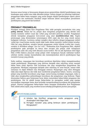 Bab 2: Media Pengajaran
11
beransur-ansur kerana ia bersesuaian dengan proses pemerolehan objektif pembelajaran yang
kandungan amat sedikit atau tidak diketahui pelajar. Selaras dengan era teknologi maklumat,
penggunaan bahan bantu mengajar yang sesuai dengan objektif pembelajaran seperti cakera
padat, video dan multimedia interaktif sangat berkesan dalam mewujudkan persekitaran
pembelajaran yang positif dan kondusif.
PERINGKAT PERSIMBOLAN
Peringkat tertinggi dalam Kon Pengalaman Dale ialah peringkat persimbolan iaitu yang
paling abstrak. Dalam hal ini, pelajar akan mengalami pengalaman yang abstrak iaitu
mereka mentafsir simbol visual dan verbal yang mewakili peristiwa tersebut. Pengalaman
abstrak merupakan pengajaran konvesional yang amat menitikberatkan teks. Segala
perancangan yang direncanakan sememangnya lebih cepat dan kos yang murah namun
kedapatan risikonya. Lazimnya, pelajar mungkin akan terkeliru dengan penggunaan simbol
verbal dan visual kerana mereka masih tidak mahir dalam mentafsir simbol-simbol tersebut.
Oleh hal yang demikian, semakin banyak penggunaan simbol abstrak (verbal dan visual),
semakin ia disifatkan sebagai “fast but risky”. berdasarkan Kon Pengalaman Dale, objektif
pembelajaran pada peringkat ini hanya akan tercapai jika pelajar telah mempunyai
pengetahuan sedia ada yang telah dikuasai secara konkrit. Hal ini ada dijelaskan oleh Edgar
Dale (1946) bahawa prasyarat setiap pelajar telah mempunyai banyak maklumat konkrit
sebelum mereka mampu memanfaatkan dan memanipulasikan aktiviti pembelajaran bagi
mentafsir konsep yang abstrak.
Sedia maklum, rangsangan dan kecerdasan pemikiran diperlukan dalam mengoptimumkan
impak pembelajaran. Rangsangan yang diterima daripada alam sekeliling sesuai menjadi
bahan bantu untuk diproses oleh kecerdasan dan akan menghasilkan pengetahuan dan
pengalaman. Meskipun rangsangan daripada alam sekeliling ini amat banyak, namun tidak
semuanya itu dapat difahami atau ditanggapi manusia. Rangsangan yang sukar ditanggap
tidak akan dapat diproses dan tidak akan membentuk pengalaman baharu. Justeru, seseorang
pelajar yang memiliki kecerdasan yang tinggi, namun kurang mendapat rangsangan, maka ia
tidak akan menghasilkan perkembangan kecerdasan dan pengalaman yang berkesan. Dapat
dirumuskan bahawa guru berperanan besar dalam menentukan bahan-bahan pengajaran dan
pembelajaran. Hal ini adalah kerana bahan-bahan itu merupakan wadah yang mampu
mewujudkan rangsangan lantas akan bertindak memperkembang kecerdasan dan pengalaman
pelajar. Pastinya penggunaan bahan-bahan bantu mengajar berdasarkan Kon Pengalaman
Dale adalah antara aspek yang memberi kesan terhadap peningkatan prestasi para pelajar.
a) Jelaskan tiga klasifikasi penggunaan media pengajaran yang
dicadangkan oleh Edgar Dale.
b) Peringkat manakah yang paling berkesan dalam pembelajaran.
Mengapakah?
 