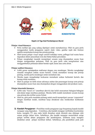 Bab 2: Media Pengajaran
8
Rajah 2.4 Tiga Stail Pembelajaran Murid
Pelajar visual biasanya:
 Perlu melihat apa yang sedang dipelajari untuk memahaminya. Oleh itu guru perlu
menggunakan media pengajaran seperti slaid, video, gambar rajah dan ilustrasi
apabila menjelaskan konsep dan prinsip penting.
 Oleh kerana pelajar visual sangat sensitif terhadap warna, pelbagai kod warna harus
digunakan dalam penyediaan nota dan bahan-bahan percetakan.
 Pelajar menghadapi masalah mempelajari sesuatu yang disampaikan secara lisan
dengan menggunakan perkataan. Oleh itu guru perlu cuba mengilustrasi atau
menggambarkan perkataan dalam bentuk rajah, katun atau carta aliran.
Pelajar auditori biasanya:
 Lebih gemar mendapatkan maklumat dengan cara mendengar. Mereka menghadapi
masalah mengikuti arahan secara bertulis. Untuk memahami konsep dan prinsip
penting, mereka perlu mendengar untuk memahami dan.
 Mereka jugan mengahadapi keskuaran memahami arahan berbentuk bertulis dan
kurang minat membaca.
 Oleh itu pelajar ini lebih minat sekiranya arahan dan penerangan konsep serta princip
disampaikan secara lisan atau disampaikan dengan menggunakan alat perakam suara..
Pelajar kinestatik biasanya:
 Lebih suka “hands-on” (membuat aktiviti) dan boleh mencantum bahagian-bahagian
alat-alatan tanpa membaca panduan. Mereka lebih mudah memahami sesuatu konsep
atau prinsip jika terlibat secara fizikal.
 Oleh itu, guru perlu membuka peluang untuk murid mempelajari seacara ‘experential’
dengan membuat model, membuat kerja dimakmal atau melakonkan kefahaman
mereka.
3) Kaedah Pengajaran - Pemilihan media pengajaran juga bergantung kepada kaedah
mengajar yang digunakan. Contohnya, jika kaedah mengajar melibatkan keseluruhan
kelas, mungkin TV atau radio boleh disiarkan untuk ditontoh atau didengar oleh
semua pelajar dalam kelas, Sebaliknya, jika kaedah mengajar memerlukan setiap
pelajar terlibat dalam pengajaran dan pembelajaran, lembaran kerja mungkin
diedarkan untuk pelajar membuat latihan. Sebaliknya, jika pendidikan jarak jauh
AUDITORI KINESTETIK
 