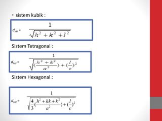 • sistem kubik :
Sistem Tetragonal :
Sistem Hexagonal :
dhkl =
dhkl =
dhkl = 2
2
22
)()(
3
4
1
c
l
a
khkh


 