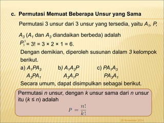 c. Permutasi Memuat Beberapa Unsur yang Sama 
Permutasi 3 unsur dari 3 unsur yang tersedia, yaitu A1, P, 
A3 (A1 dan A3 diandaikan berbeda) adalah 
= 3! = 3 × 2 × 1 = 6. 
Dengan demikian, diperoleh susunan dalam 3 kelompok 
berikut. 
a) A1PA3 b) A1A3P c) PA1A3 
A3PA1 A3A1P PA3A1 
Secara umum, dapat disimpulkan sebagai berikut. 
Permutasi n unsur, dengan k unsur sama dari n unsur 
itu (k ≤ n) adalah 
26 November 2014 
3 
3P 
 
