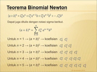 Teorema Binomial Newton 
Dapat juga ditulis dengan notasi sigma berikut. 
Untuk n = 1 → (a + b)1 → koefisien 
Untuk n = 2 → (a + b)2 → koefisien 
Untuk n = 3 → (a + b)3 → koefisien 
Untuk n = 4 → (a + b)4 → koefisien 
Untuk n = 5 → (a + b)5 → koefisien 
26 November 2014 
 
