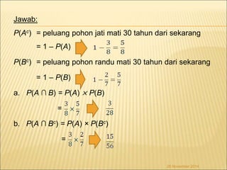 Jawab: 
P(Ac) = peluang pohon jati mati 30 tahun dari sekarang 
= 1 – P(A) 
P(Bc) = peluang pohon randu mati 30 tahun dari sekarang 
= 1 – P(B) 
a. P(A ∩ B) = P(A) × P(B) 
= 
b. P(A ∩ Bc) = P(A) × P(Bc) 
= 
26 November 2014 
 