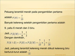 Peluang terambil merah pada pengambilan pertama 
adalah 
Banyak kelereng setelah pengambilan pertama adalah 
9, yaitu 6 merah dan 3 biru. 
3 
 
Jadi, 
Dengan demikian, 
1 
Jadi, peluang terambil kelereng merah diikuti kelereng biru 
berturut-turut adalah 
26 November 2014 
3 
9 
 