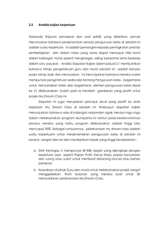 2.3 Analisis kajian keperluan
Daripada Tinjauan pendapat dan soal selidik yang diberikan, penulis
merumuskan bahawa penjenamaan semula pengurusan kelas di sekolah ini
adalah suatu keperluan. Ia adalah pemangkin kepada peningkatan prestasi
pembelajaran dan dalam masa yang sama dapat memupuk nilai murni
dalam kalangan murid seperti menghargai, saling kerjasama serta berkerja
dalam satu pasukan. Analisis Dapatan Kajian dalam jadual 2.1 membuktikan
bahawa tahap pengetahuan guru dan murid sekolah ini adalah berada
pada tahap baik dan memuaskan. Ini menunjukkan bahawa mereka sudah
mempunyai pengetahuan sedia ada tentang Pengurusan kelas, bagaimana
untuk menceriakan kelas dan bagaimana elemen pengurusan kelas abad
ke 21 dilaksanakan. Sudah pasti ia memberi gambaran yang positif untuk
projek My Dream Class ini.
Dapatan ini juga merupakan petunjuk awal yang positif ke arah
kejayaan My Dream Class di sekolah ini. Walaupun dapatan kajian
menunjukkan bahawa ada di kalangan responden agak merasa ragu-ragu
dalam melaksanakan program seumpama ini namun pada keseluruhannya
peratus mereka yang mahu program dilaksanakan adalah tinggi iaitu
mencapai 90%. Sebagai rumusannya, pelaksanaan my dream class adalah
suatu keperluann untuk menjenamakan pengurusan kelas di sekolah ini
kerana sangat relevan dan memberikan impak yang tinggi berdasarkan:-
a. SMK Keningau II mempunyai 40 Bilik darjah yang dilengkapi dengan
keperluan asas seperti Papan Putih, Kerusi Meja, papan kenyataan
dan ruang atau sudut untuk membuat sebarang inovasi atau bahan
pameran.
b. Kesediaan di pihak Guru dan murid untuk melaksanakan projek sangat
menggalakkan. Rutin bulanan yang mereka buat untuk 2K
memudahkan pelaksanaan My Dream Class.
 