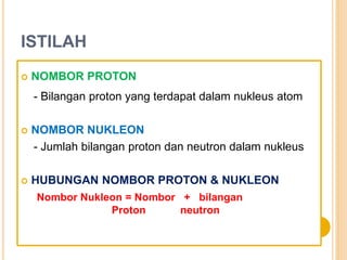  NOMBOR PROTON
- Bilangan proton yang terdapat dalam nukleus atom
 NOMBOR NUKLEON
- Jumlah bilangan proton dan neutron dalam nukleus
 HUBUNGAN NOMBOR PROTON & NUKLEON
Nombor Nukleon = Nombor + bilangan
Proton neutron
ISTILAH
 